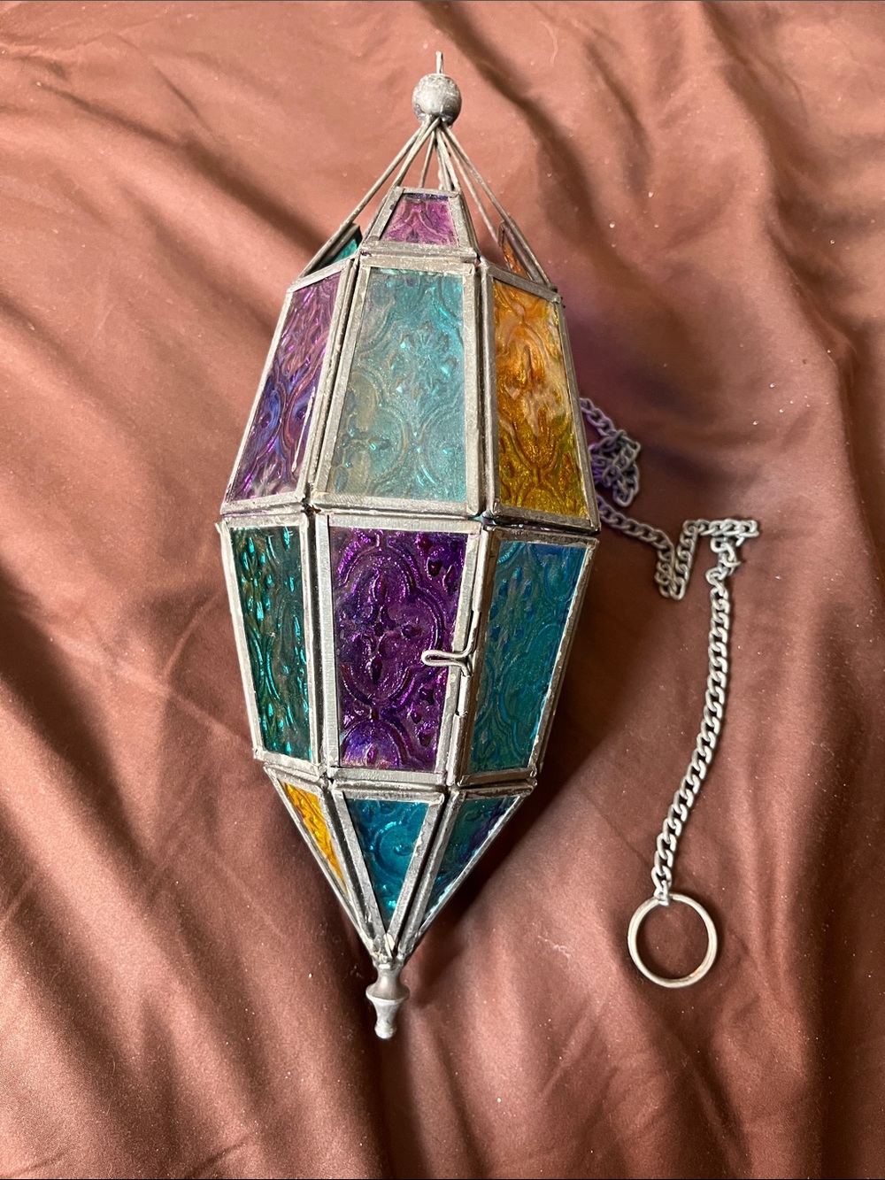 Antique Multicolor Stained Glass Hanging Lantern - Teal, Purple, Gold